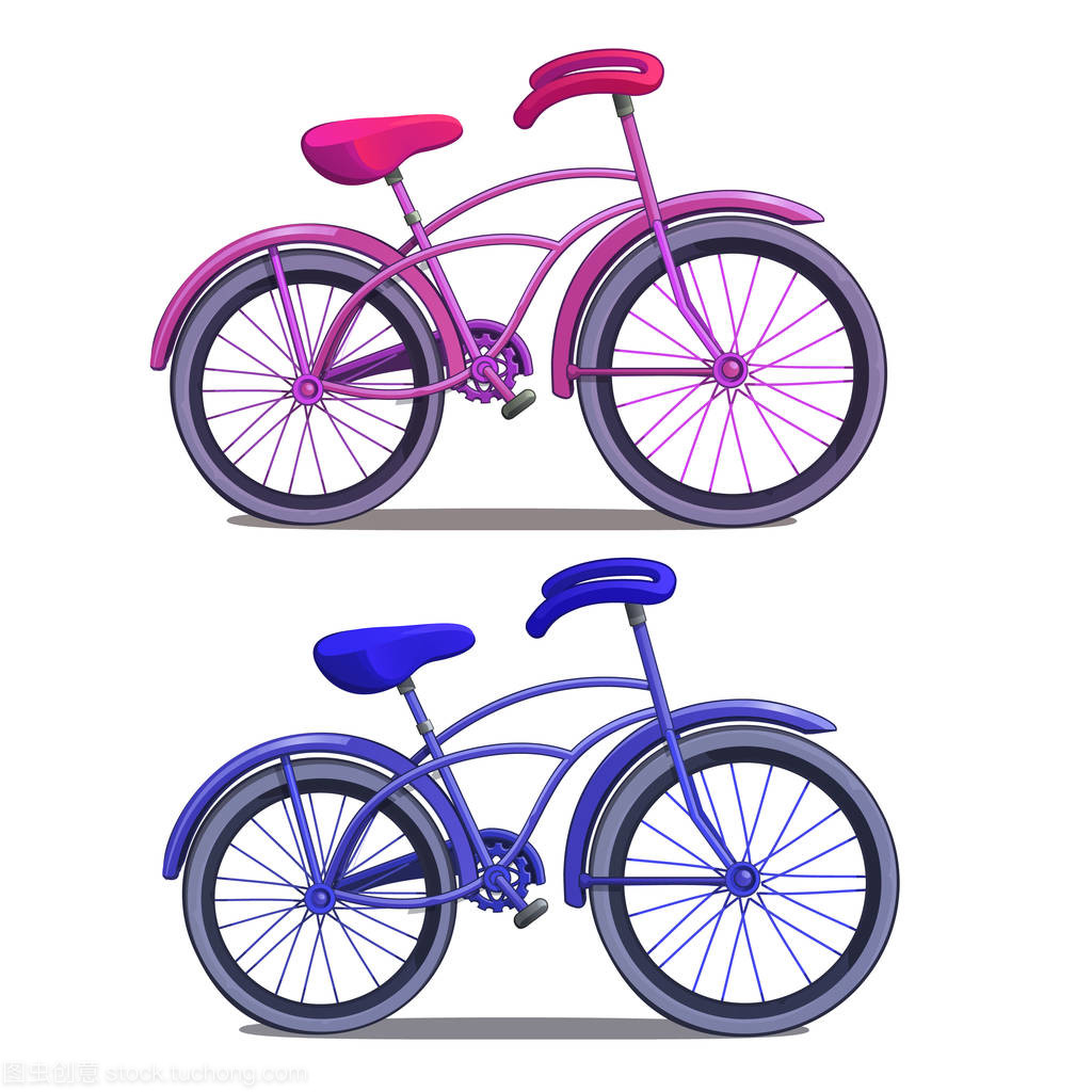 孤立在白色背景上的粉色和藍色自行車。卡通風格的矢量圖